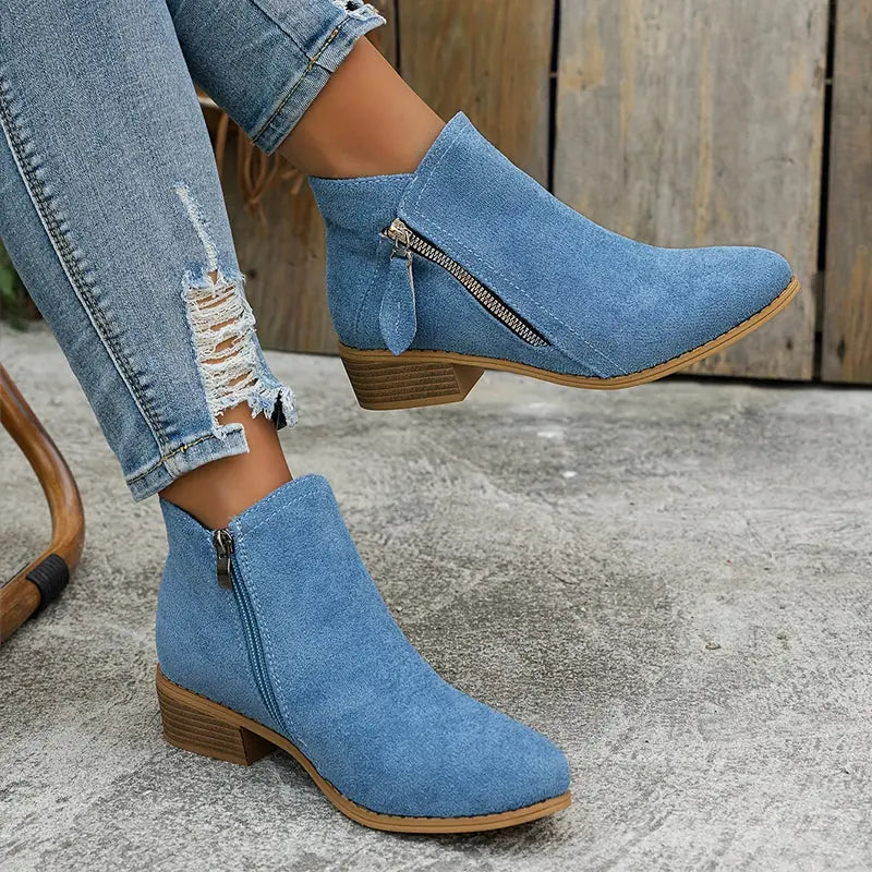 Blue Women's Suede Ankle Boots — Tamsin Zip-Up Block Heel Pointed Toe - Seated Worn Lifestyle