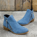 Blue Women's Suede Ankle Boots — Tamsin Zip-Up Block Heel Pointed Toe - Side Pair Outdoor