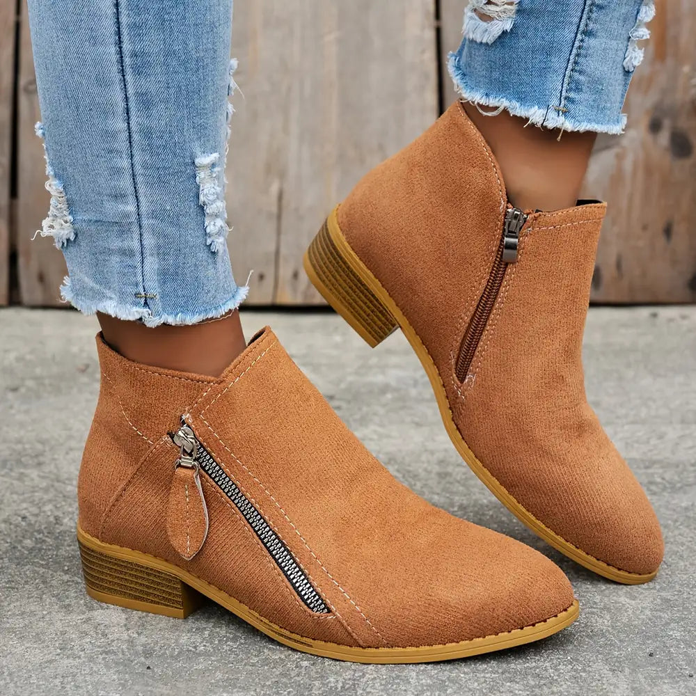 Brown Women's Suede Ankle Boots — Tamsin Zip-Up Block Heel Pointed Toe - Side Pose Worn