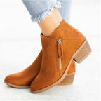 Brown Women's Suede Ankle Boots — Tamsin Zip-Up Block Heel Pointed Toe - Side Tiptoe Studio