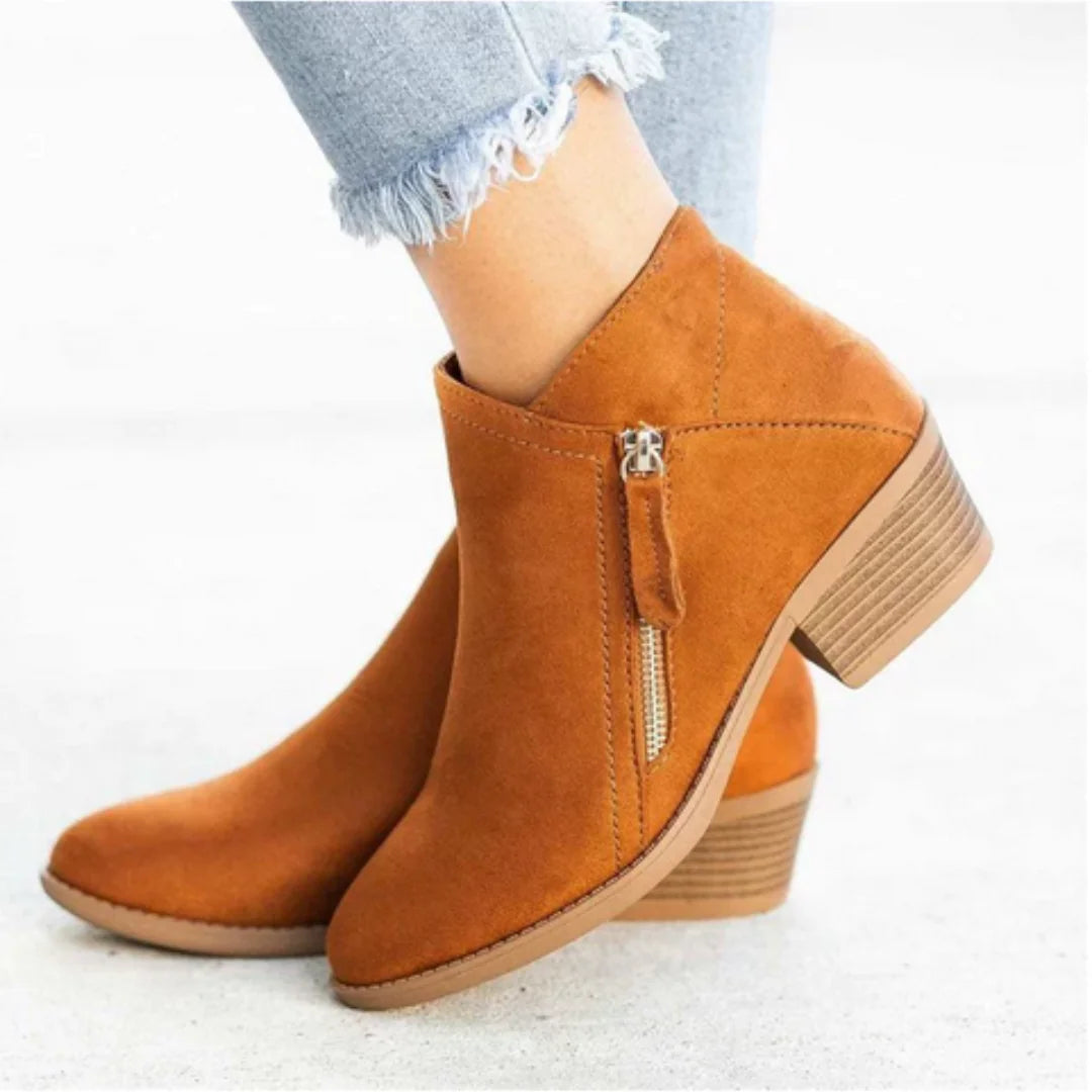 Brown Women's Suede Ankle Boots — Tamsin Zip-Up Block Heel Pointed Toe - Side Tiptoe Studio