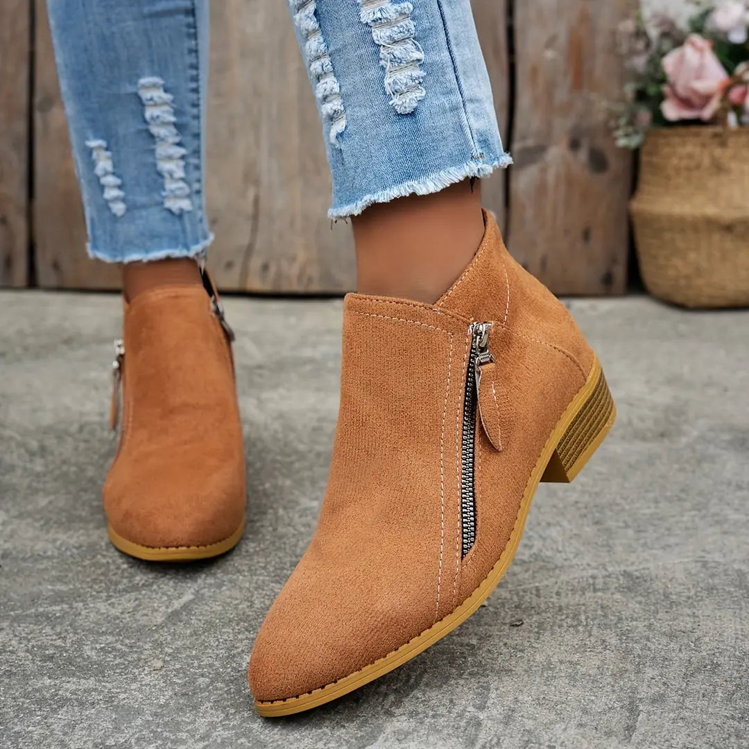 Brown Women's Suede Ankle Boots — Tamsin Zip-Up Block Heel Pointed Toe - Walking Lifestyle