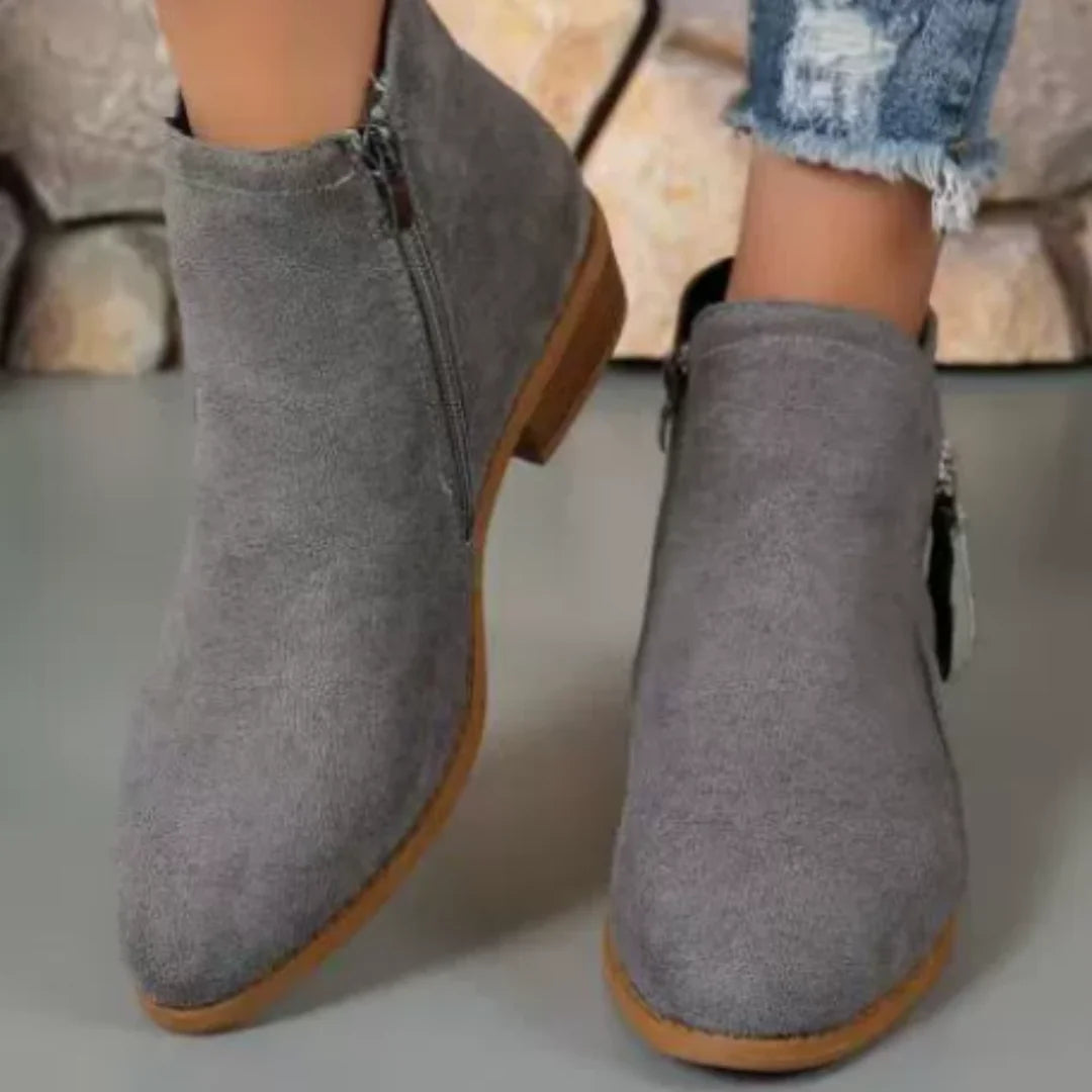 Gray Women's Suede Ankle Boots — Tamsin Zip-Up Block Heel Pointed Toe - Close Up Toe Detail
