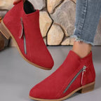 Red Women's Suede Ankle Boots — Tamsin Zip-Up Block Heel Pointed Toe - Held In Hand Detail