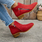 Red Women's Suede Ankle Boots — Tamsin Zip-Up Block Heel Pointed Toe - Raised Heel Pose