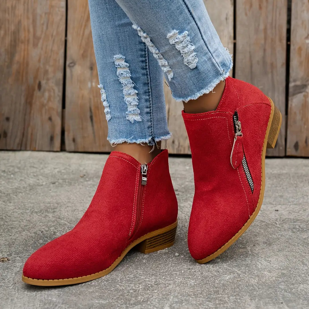 Red Women's Suede Ankle Boots — Tamsin Zip-Up Block Heel Pointed Toe - Side Pose Basket Bg