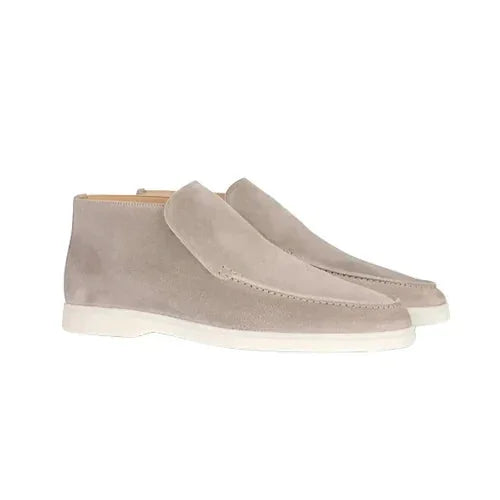 Beige Men's Suede Ankle Loafers — Ottilie Slip-On Moc Toe Casual - Front Side Pair