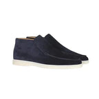 Blue Men's Suede Ankle Loafers — Ottilie Slip-On Moc Toe Casual - Angled Pair
