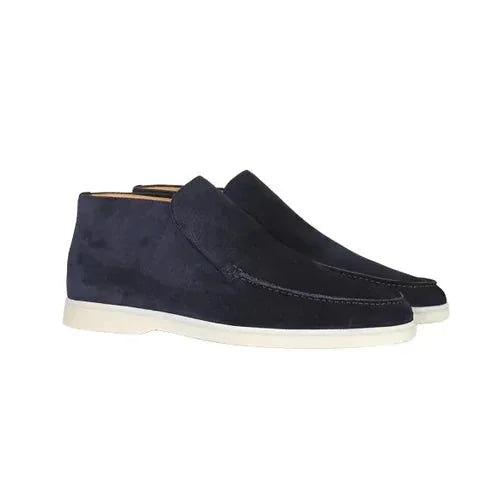 Blue Men's Suede Ankle Loafers — Ottilie Slip-On Moc Toe Casual - Angled Pair