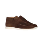 Brown Men's Suede Ankle Loafers — Ottilie Slip-On Moc Toe Casual - Three Quarter Pair