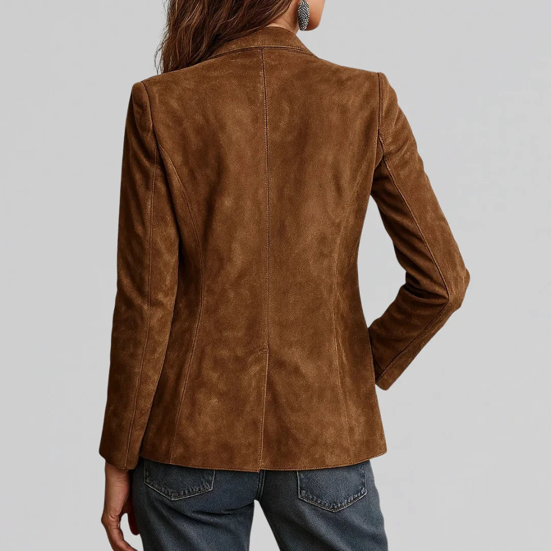 Women's Suede Blazer with Relaxed Fit & Flap Pockets - Back Detail