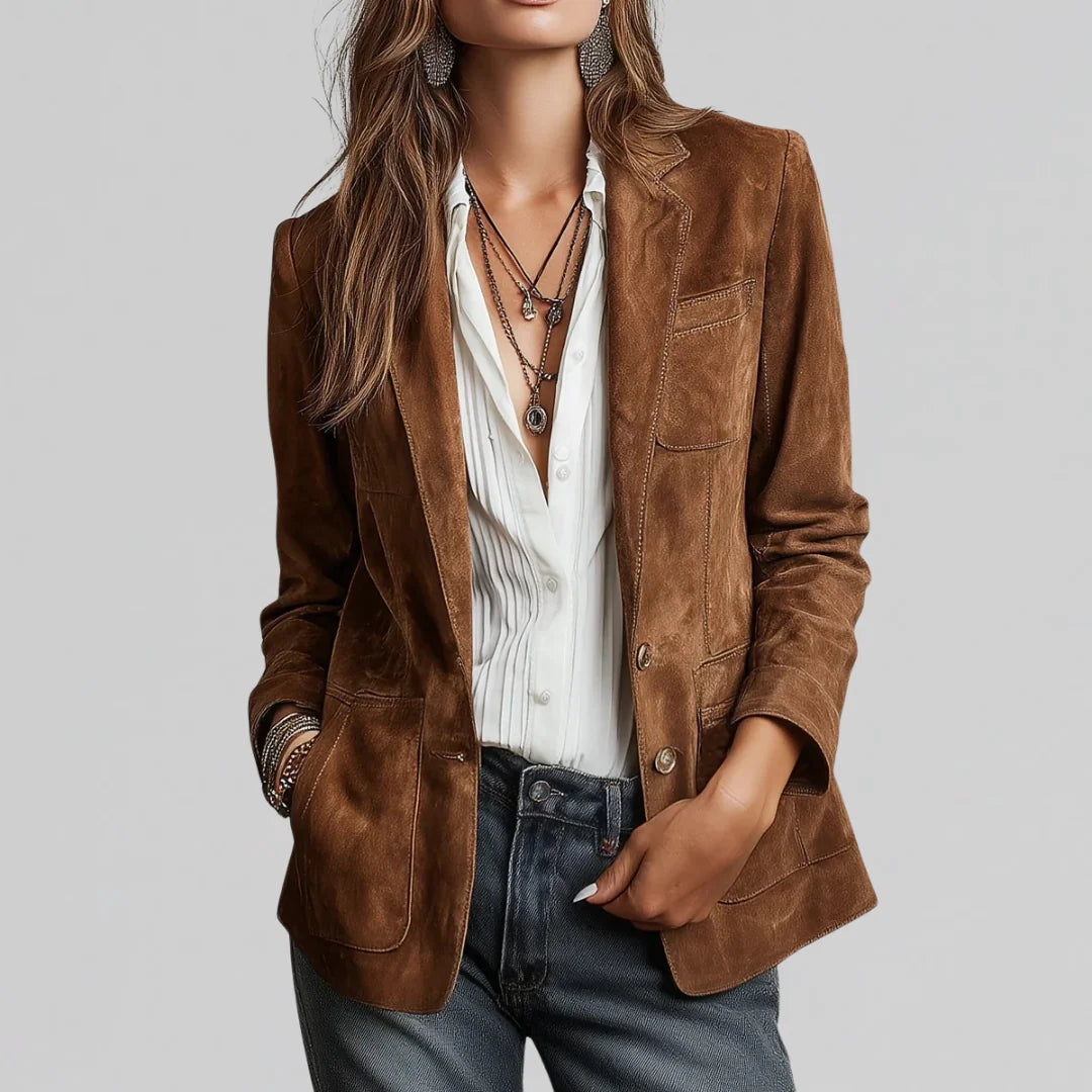 Brown Women's Suede Blazer with Relaxed Fit & Flap Pockets