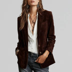 Coffee Women's Suede Blazer with Relaxed Fit & Flap Pockets