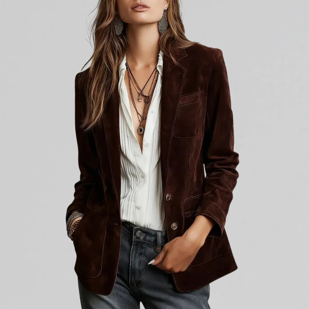 Coffee Women's Suede Blazer with Relaxed Fit & Flap Pockets