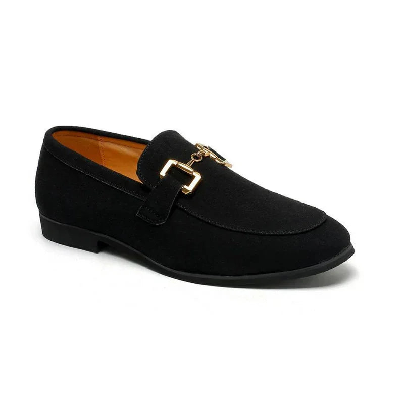 Black Men's Suede Loafers — Paige Horsebit Slip-On Dress Shoes - Side Studio
