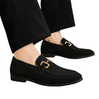 Black Men's Suede Loafers — Paige Horsebit Slip-On Dress Shoes - Worn Detail