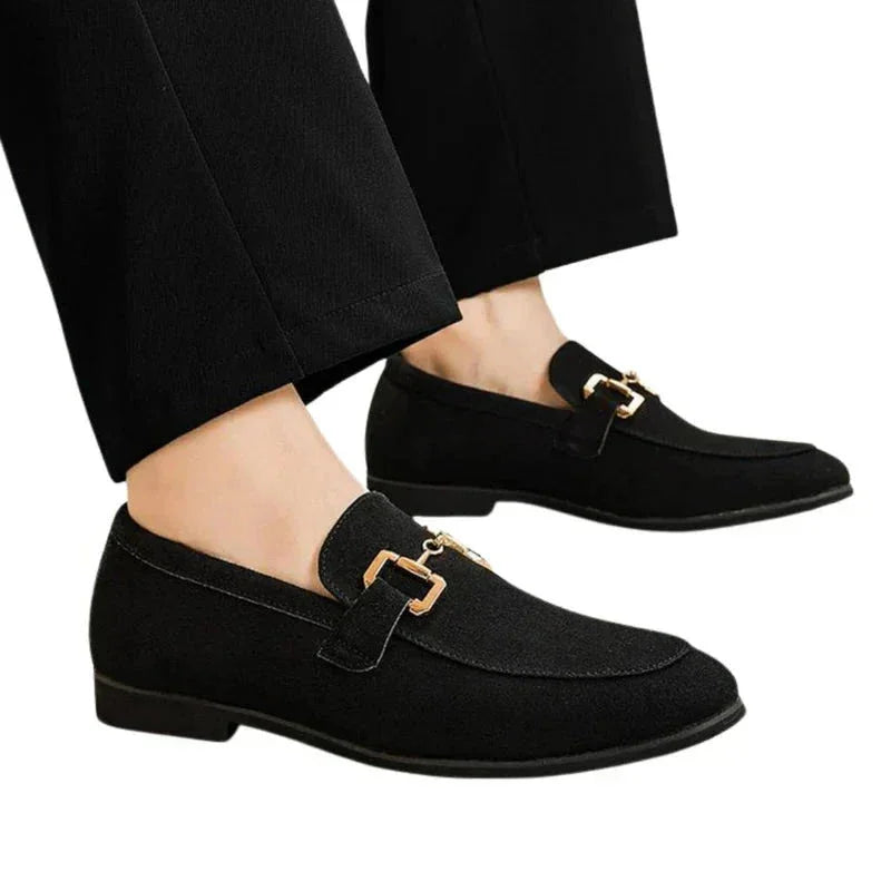 Black Men's Suede Loafers — Paige Horsebit Slip-On Dress Shoes - Worn Detail