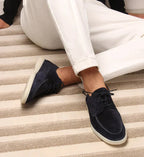 Dark Blue Men's Suede Lace-Up Loafers with Cushioned Sole - Side Crossed Pose
