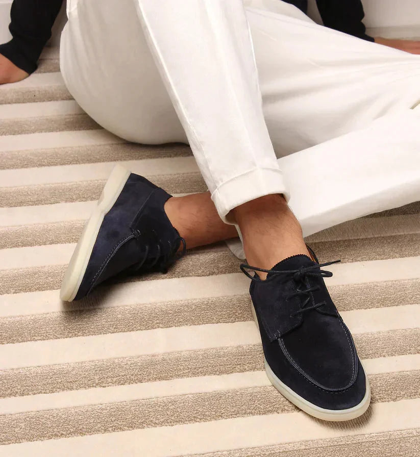Dark Blue Men's Suede Lace-Up Loafers with Cushioned Sole - Side Crossed Pose