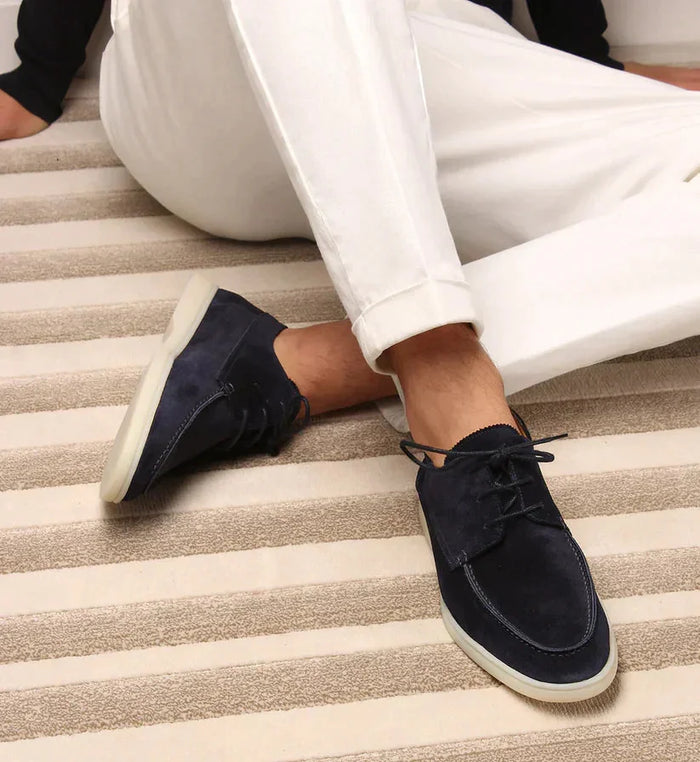Dark Blue Men's Suede Lace-Up Loafers with Cushioned Sole - Side Crossed Pose