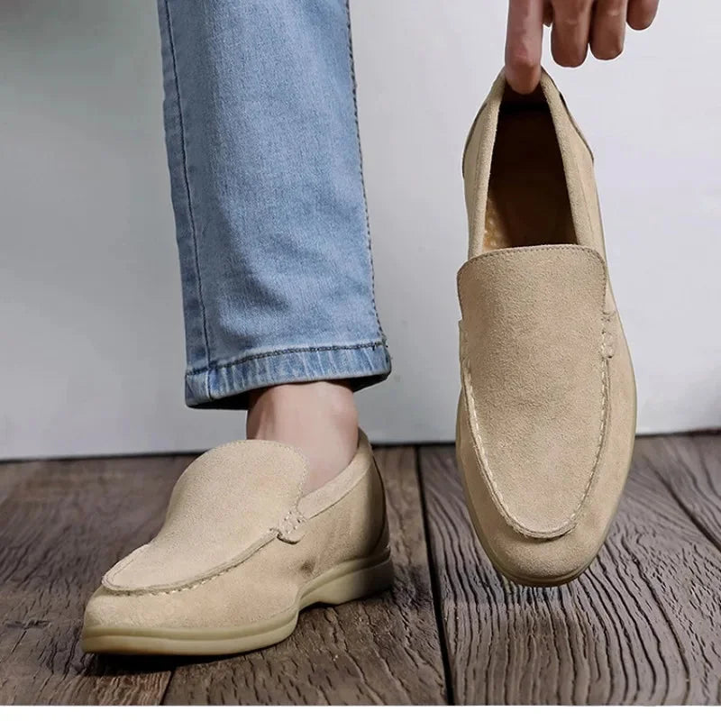 Beige Men's Suede Loafers — Cami Slip-On Moccasin Casual - Worn Lifestyle Detail