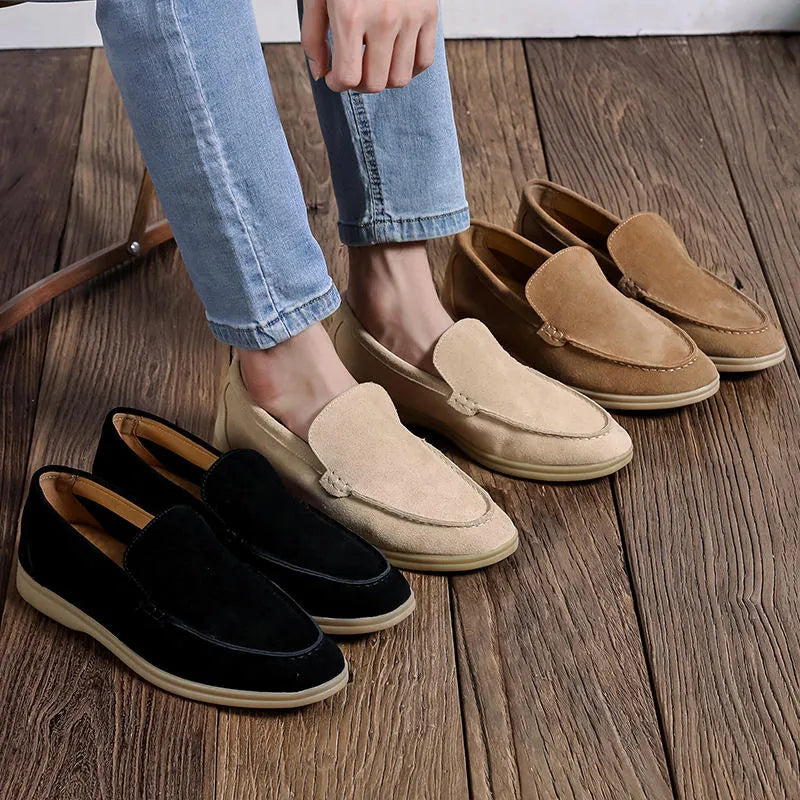 Beige Men's Suede Loafers — Cami Slip-On Moccasin Casual - Worn Lifestyle Trio