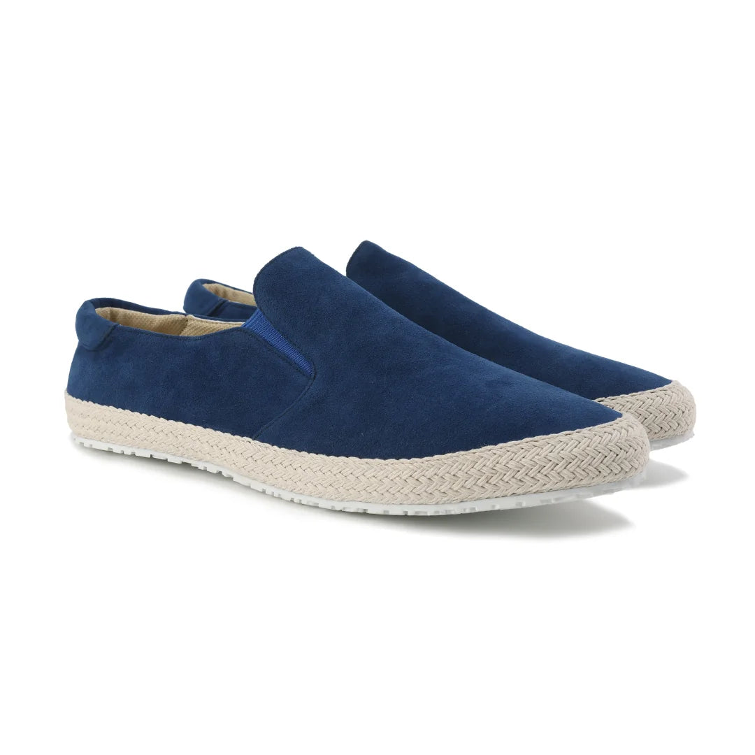 Blue Men's Suede Slip-On Shoes — Ruby Espresso Espadrille Casual - Front Pair Angle