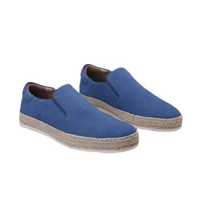 Blue Men's Suede Slip-On Espadrille Shoes — Alexa Vacation Loafers - Front Angled Pair