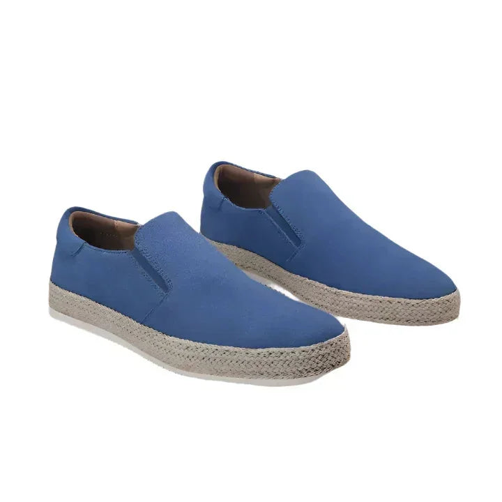 Blue Men's Suede Slip-On Espadrille Shoes — Alexa Vacation Loafers - Three Quarter Pair
