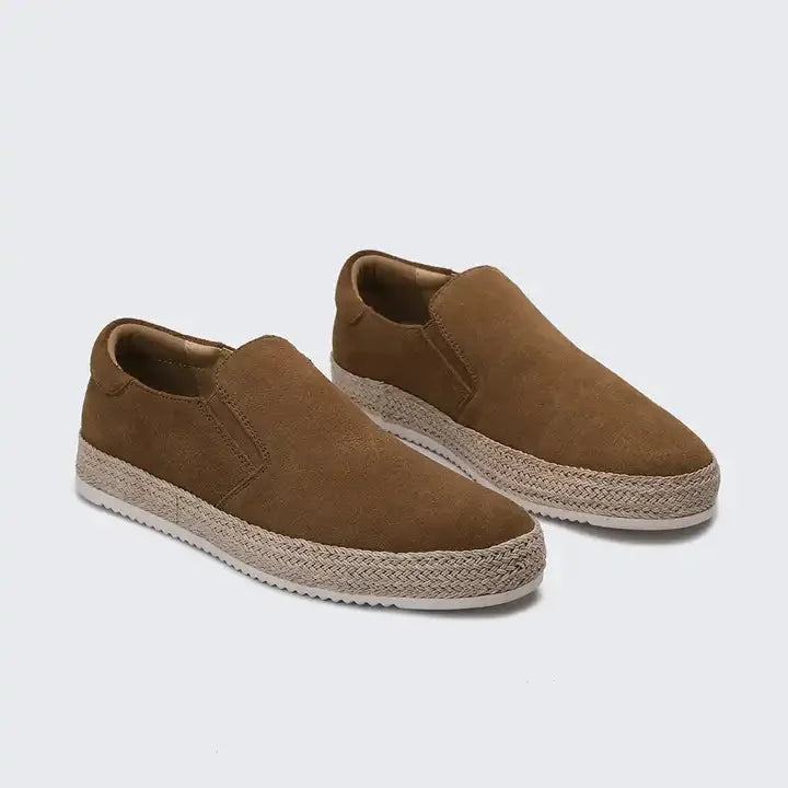 Brown Men's Suede Slip-On Espadrille Shoes — Alexa Vacation Loafers - Side Angled Pair