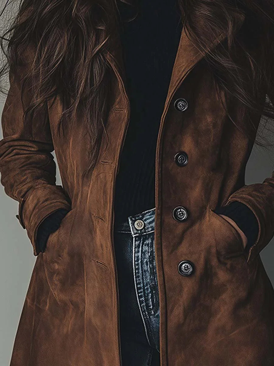 Women's Suede Trench Coat with Relaxed Fit & Button-Front Design - Button Detail