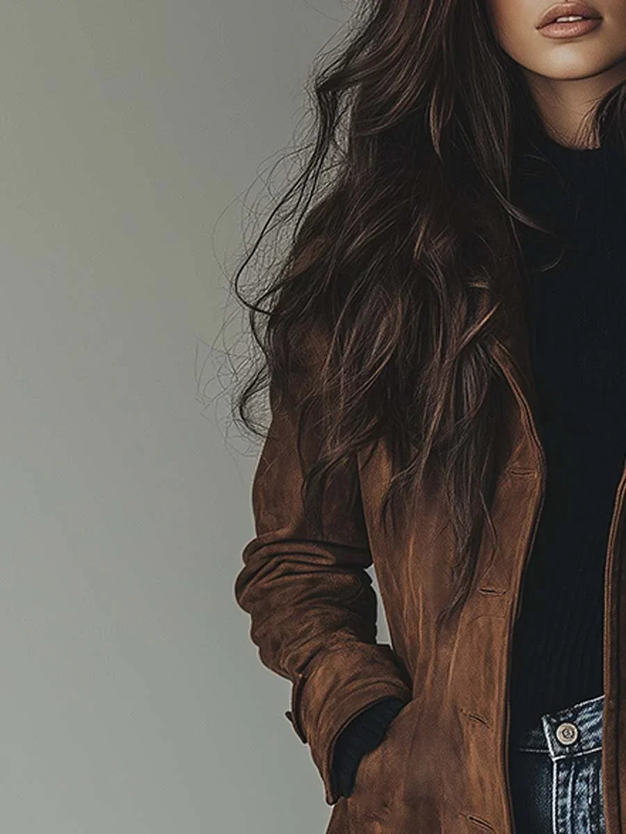 Women's Suede Trench Coat with Relaxed Fit & Button-Front Design - Close Up Torso