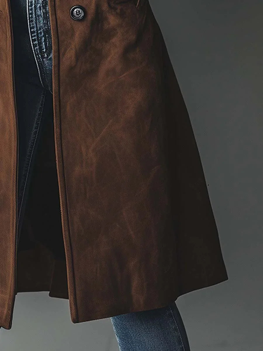 Women's Suede Trench Coat with Relaxed Fit & Button-Front Design - Hem Detail