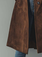 Women's Suede Trench Coat with Relaxed Fit & Button-Front Design - Side Hem Detail