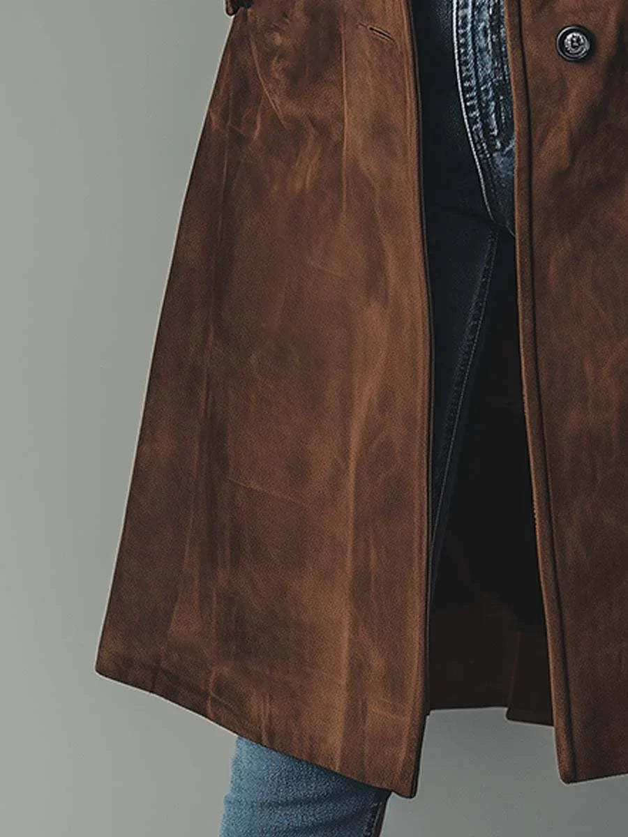 Women's Suede Trench Coat with Relaxed Fit & Button-Front Design - Side Hem Detail