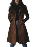 Brown Women's Suede Trench Coat with Relaxed Fit & Button-Front Design