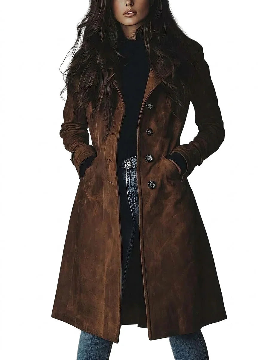 Brown Women's Suede Trench Coat with Relaxed Fit & Button-Front Design