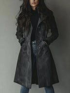 Dark Grey Women's Suede Trench Coat with Relaxed Fit & Button-Front Design