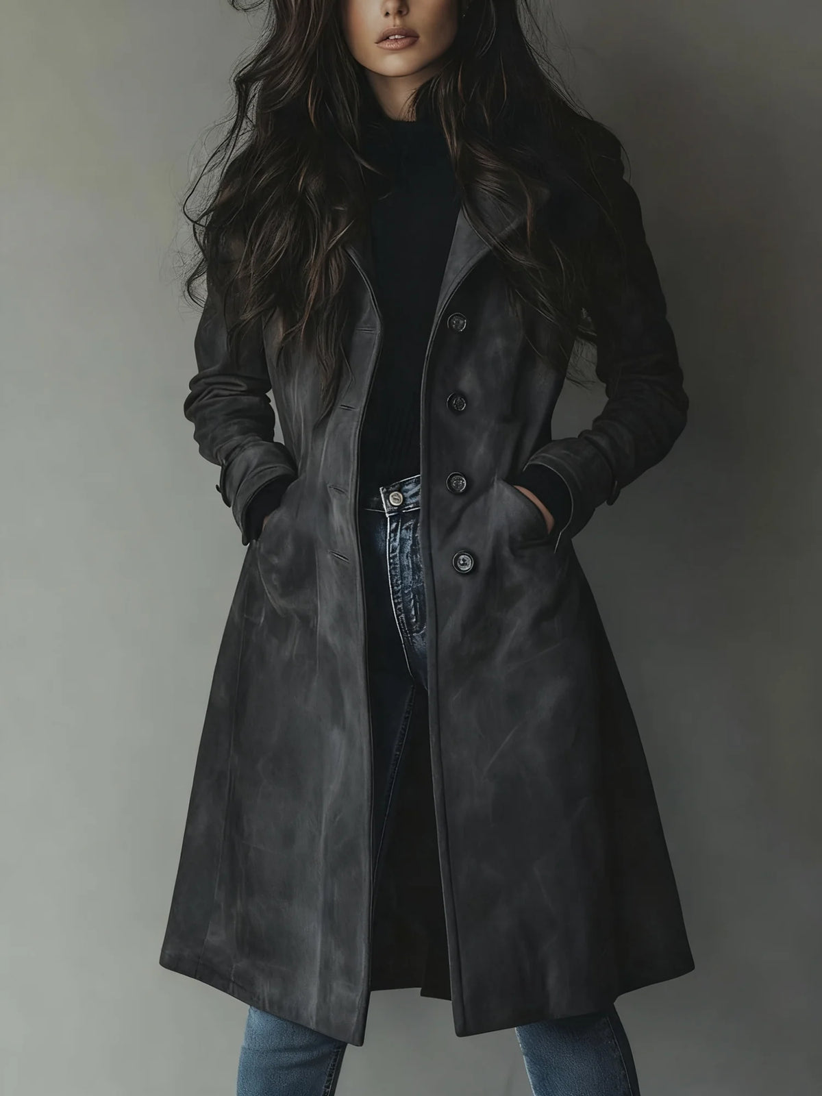 Dark Grey Women's Suede Trench Coat with Relaxed Fit & Button-Front Design