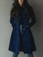 Dark Blue Women's Suede Trench Coat with Relaxed Fit & Button-Front Design - Front Full Alt