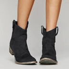 Black Women's Western Boots — Erin Distressed Suede Block Heel Mid-Calf - Front
