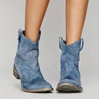 Blue Women's Western Boots — Erin Distressed Suede Block Heel Mid-Calf - Front