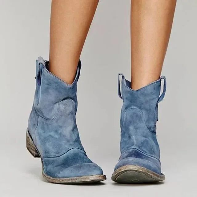 Blue Women's Western Boots — Erin Distressed Suede Block Heel Mid-Calf - Front