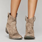 Brown Women's Western Boots — Erin Distressed Suede Block Heel Mid-Calf - Front Close Up