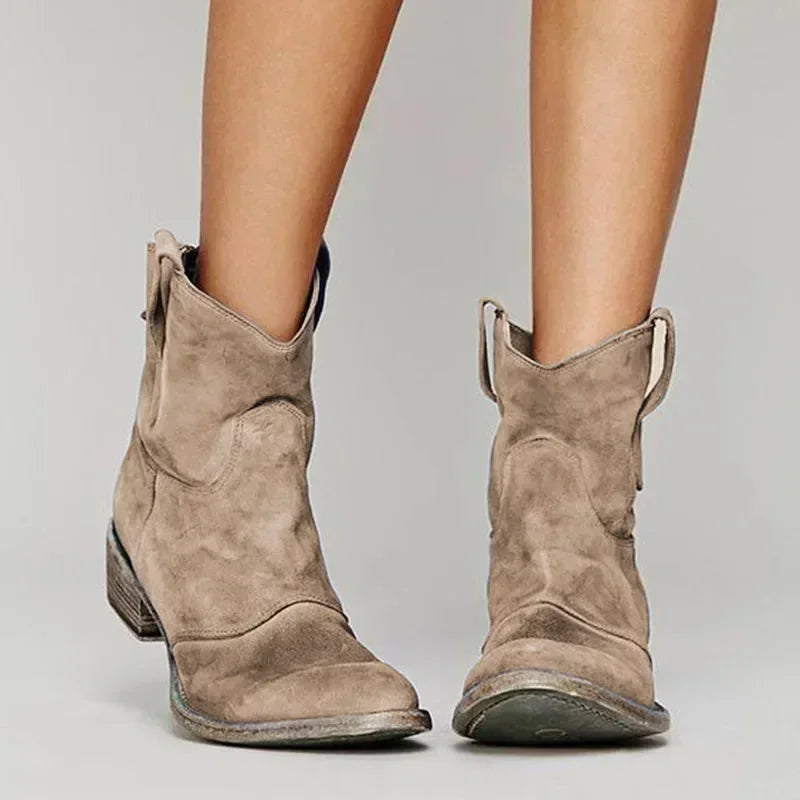 Brown Women's Western Boots — Erin Distressed Suede Block Heel Mid-Calf - Front Close Up