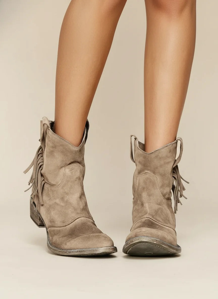 Brown Women's Western Boots — Erin Distressed Suede Block Heel Mid-Calf - Front Fringe Detail