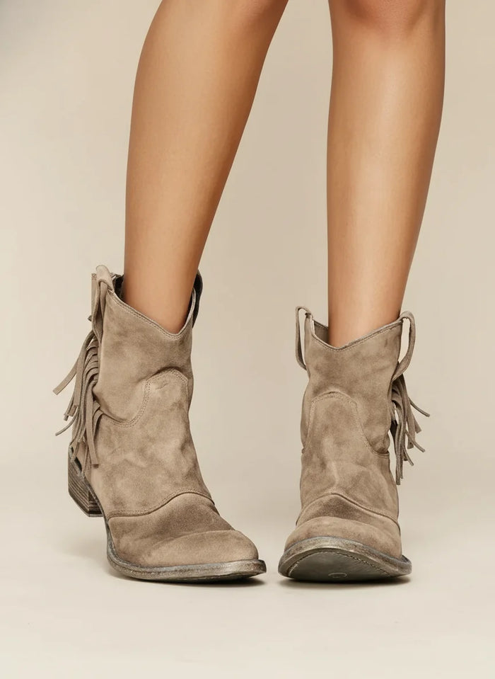 Brown Women's Western Boots — Erin Distressed Suede Block Heel Mid-Calf - Front Fringe Detail