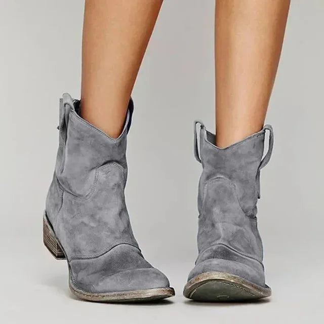 Gray Women's Western Boots — Erin Distressed Suede Block Heel Mid-Calf - Front