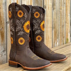 Brown Women's Sunflower Embroidered Western Boots — Joss Boho Mid-Heel Square-Toe - Close Up Embroidery
