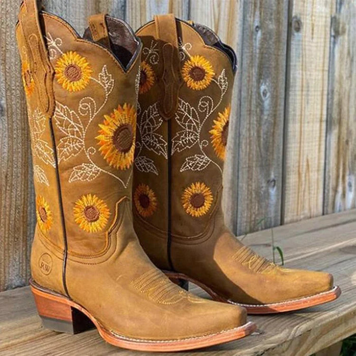 Khaki Women's Sunflower Embroidered Western Boots — Joss Boho Mid-Heel Square-Toe - Front Full